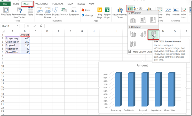 Insert 3-D Stacked Column Chart