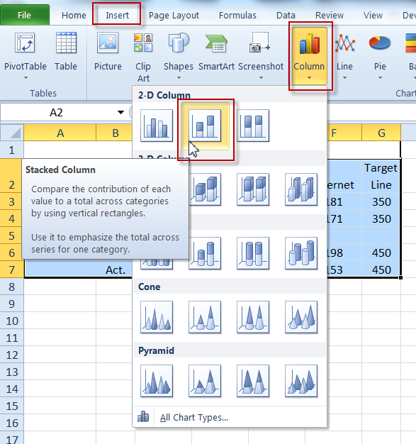 Add a Target Line to a Clustered Stacked Column Chart