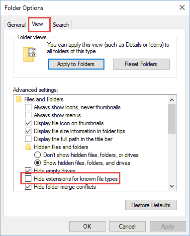 Change Folder Options to Uncheck Hide File Extensions