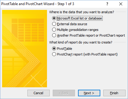 Classic Pivot Table Wizard Dialog Box