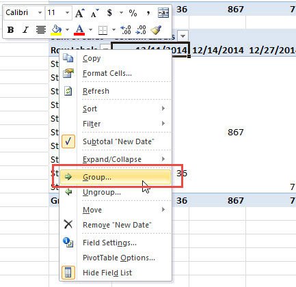 Right Click on Date for Pop up Menu and Select Group