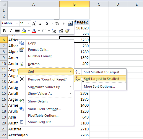 Sort Pivot Table Large to Small Values Right Click Popup Menu