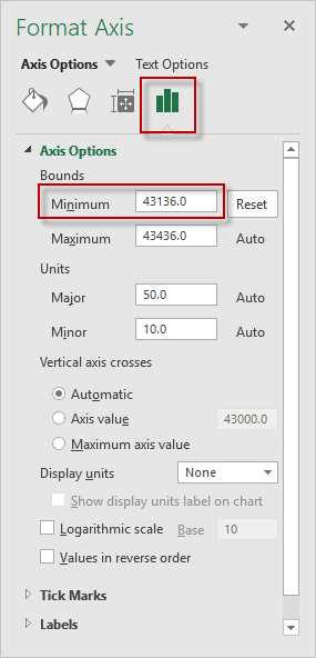 Excel 2016 Set Minimum Bound Axis Options Dialog Box