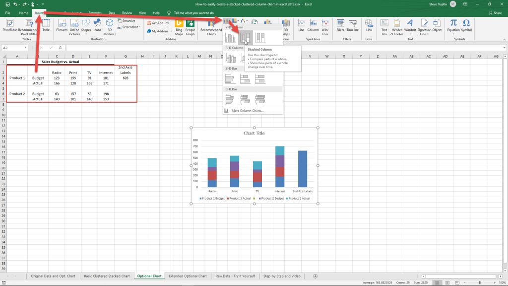 Clustered Stacked Column Chart Optional 2nd Axis Insert Chart