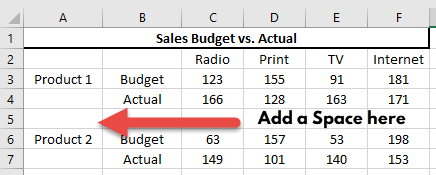 Clustered Stacked Column Chart Optional Add Space in Inserted Row for Gap