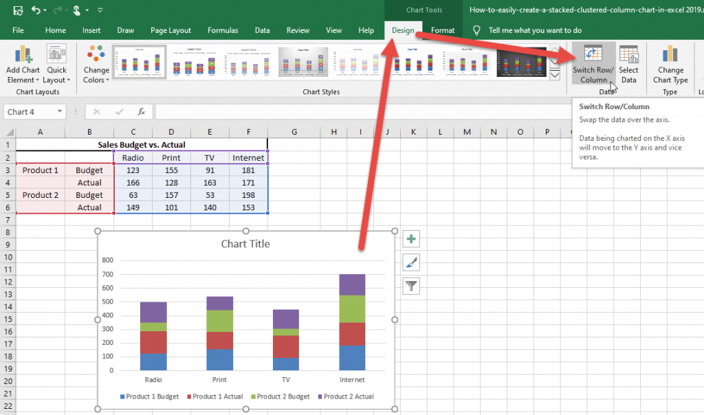 Clustered Stacked Column Chart Switch Row Column Ribbon Button