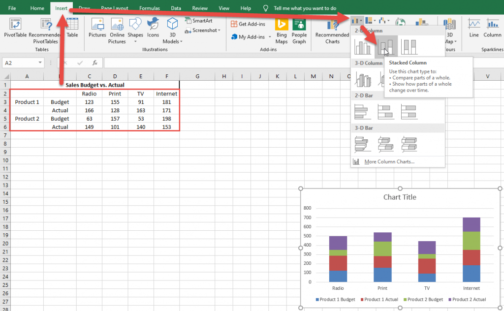 Clustered Stacked Column Create Chart Insert Chart